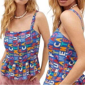 NWT Farm Rio Anthropologie Fantastic Peplum Ruffle Multi Color Tank Top Size XL